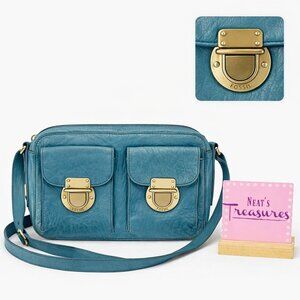 Fossil Aqua Blue Leather Sliver Metal Strap Pocket Crossbody Shoulder Bag Purse